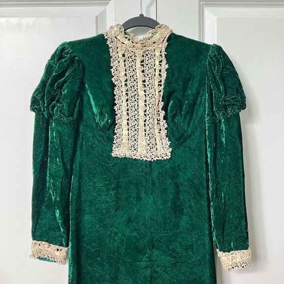 Vintage Green Velvet Victorian Dress 80s Handmade Lace Puff Sleeve Goth Whimsy - Picture 7 of 16